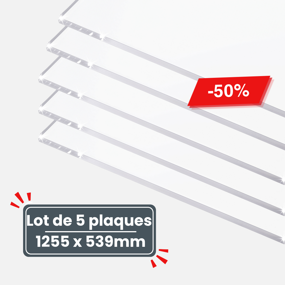 Lot de 5 Plaques de Plexiglass Transparent 5 mm - 1255 x 539 mm