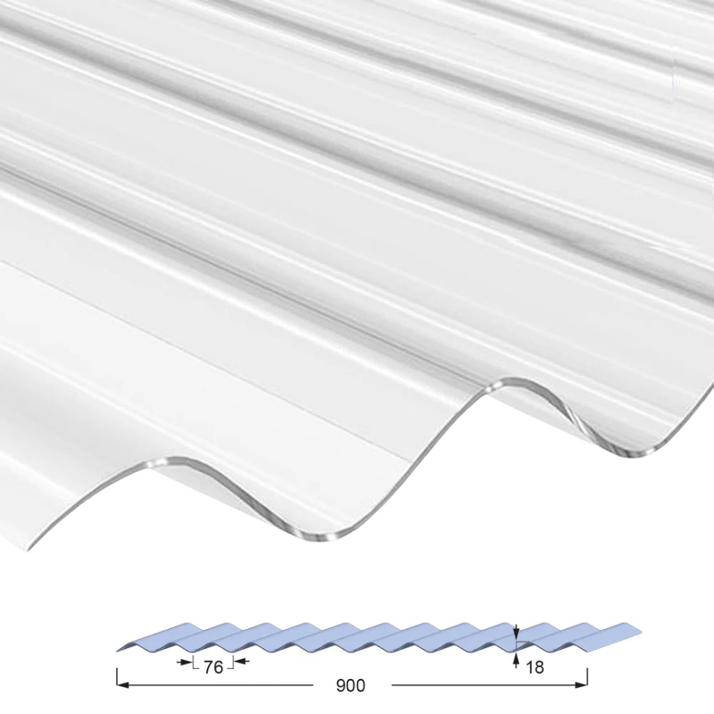 panneau en Polycarbonate ondulé transparent avec des ondulations de 18mm de hauteur et un espacement entre ondulation de 76mm