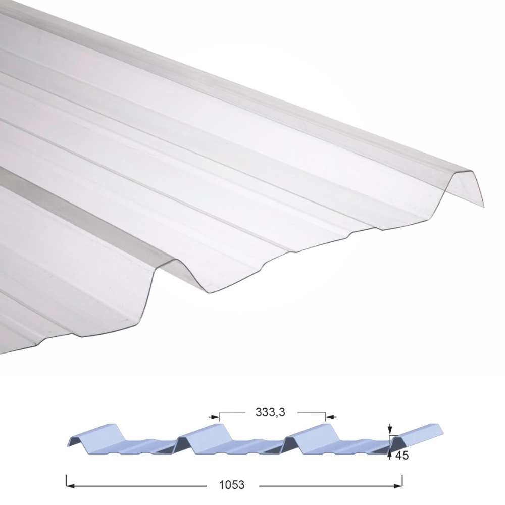 Panneau en Polycarbonate ondulé nervuré avec ondulation de 45mm de hauteur et 333mm d'espacement entre 2 ondulations