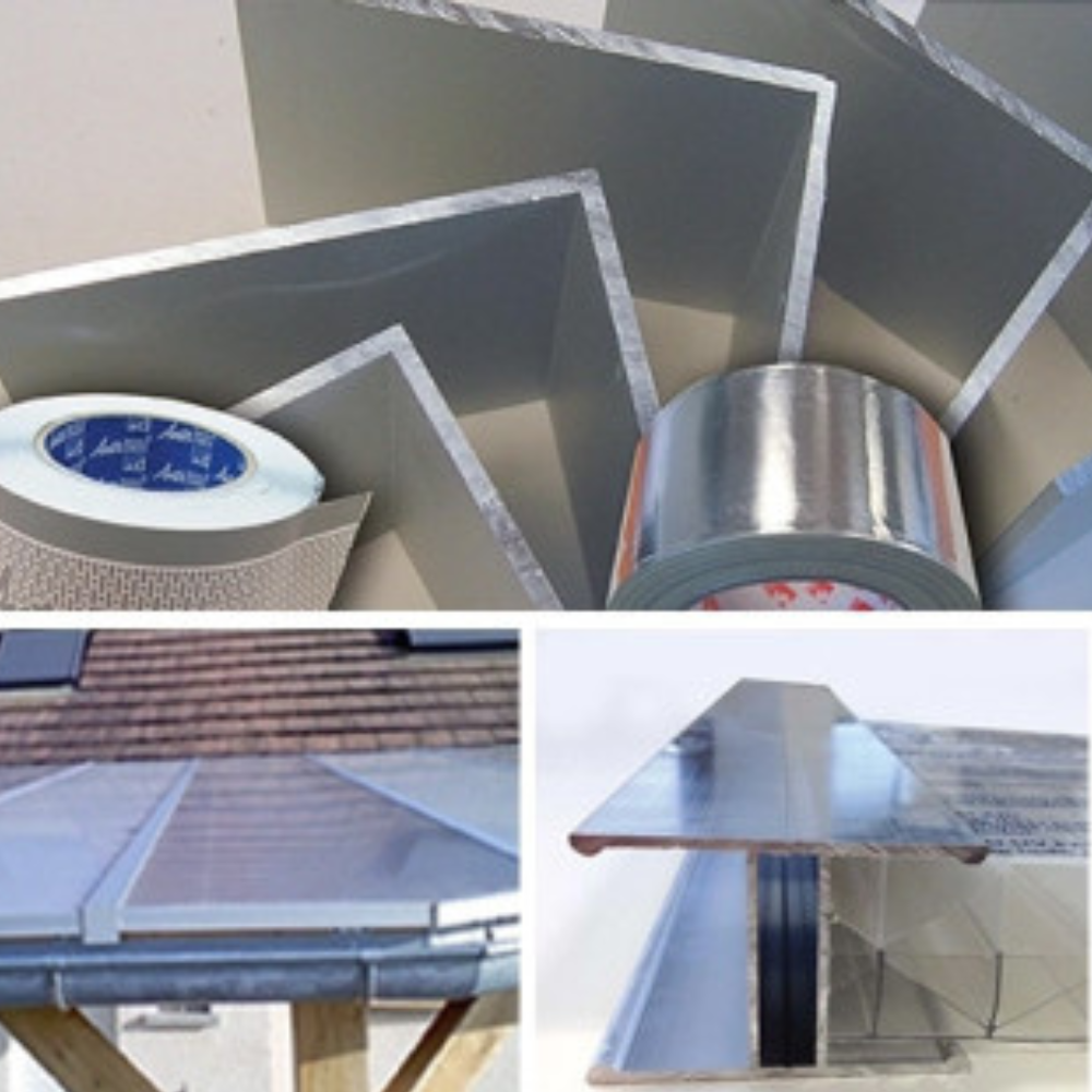 Gros plan sur un arrêt de plaque en aluminium fixé sur une structure de toit, empêchant le glissement des panneaux polycarbonate ou verre.