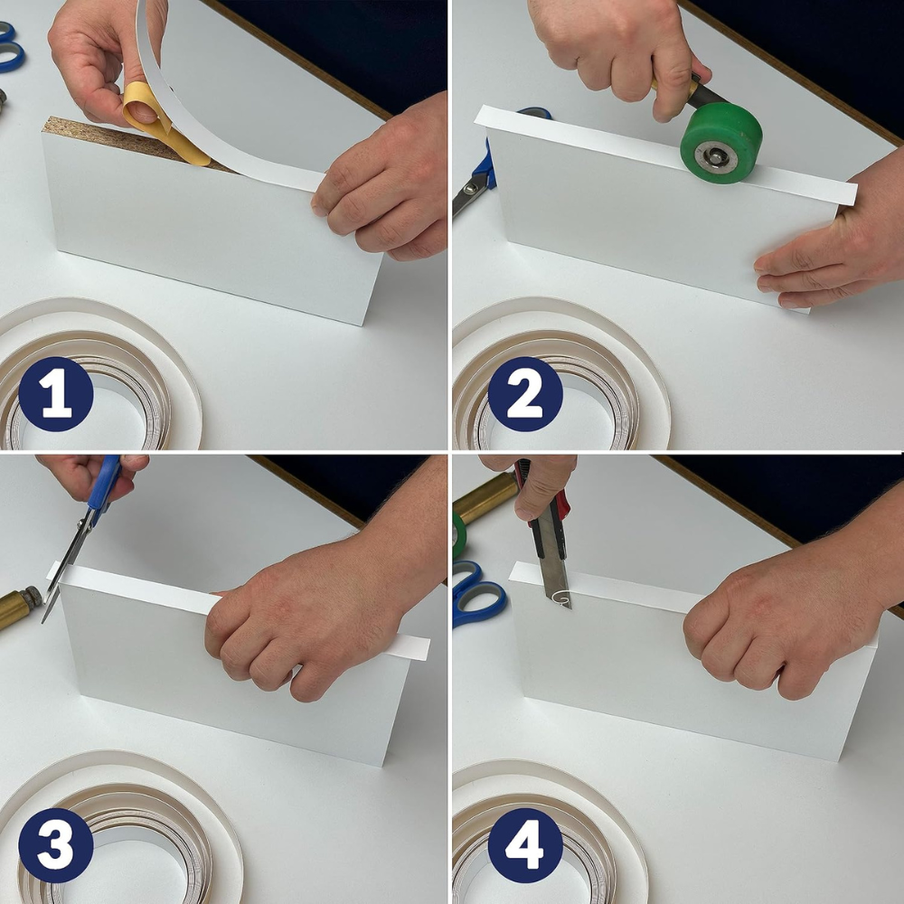 Etapes de collage d'une bande de chant en pvc