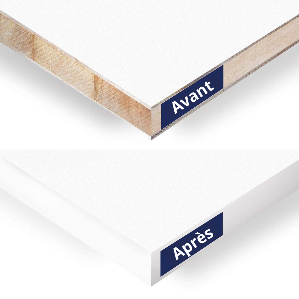 image avant et après la pose d'une bande de chant en PVC blanc