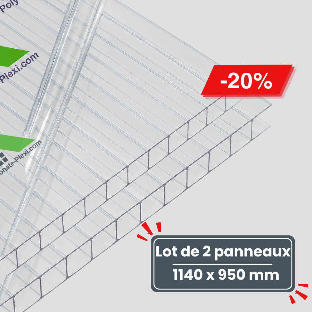 Lot de 2 Plaques de Polycarbonate Alvéolaire - Transparent - 10 mm - 1140 x 950 mm