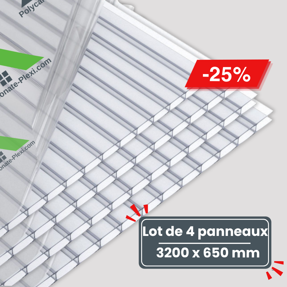 Lot de 4 Plaques de Polycarbonate Alvéolaire - Transparent - 8 mm – 3200 x 650mm