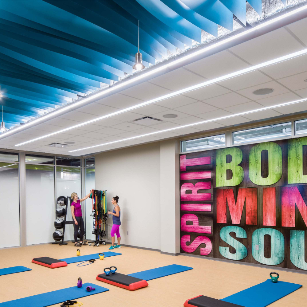 Revêtement mural d'une salle de sport avec des plaques en PVC hygiénique