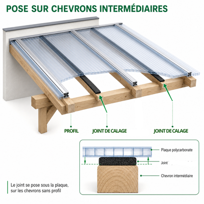schema de pose de joint de calage sur structure en bois avec le polycarbonate