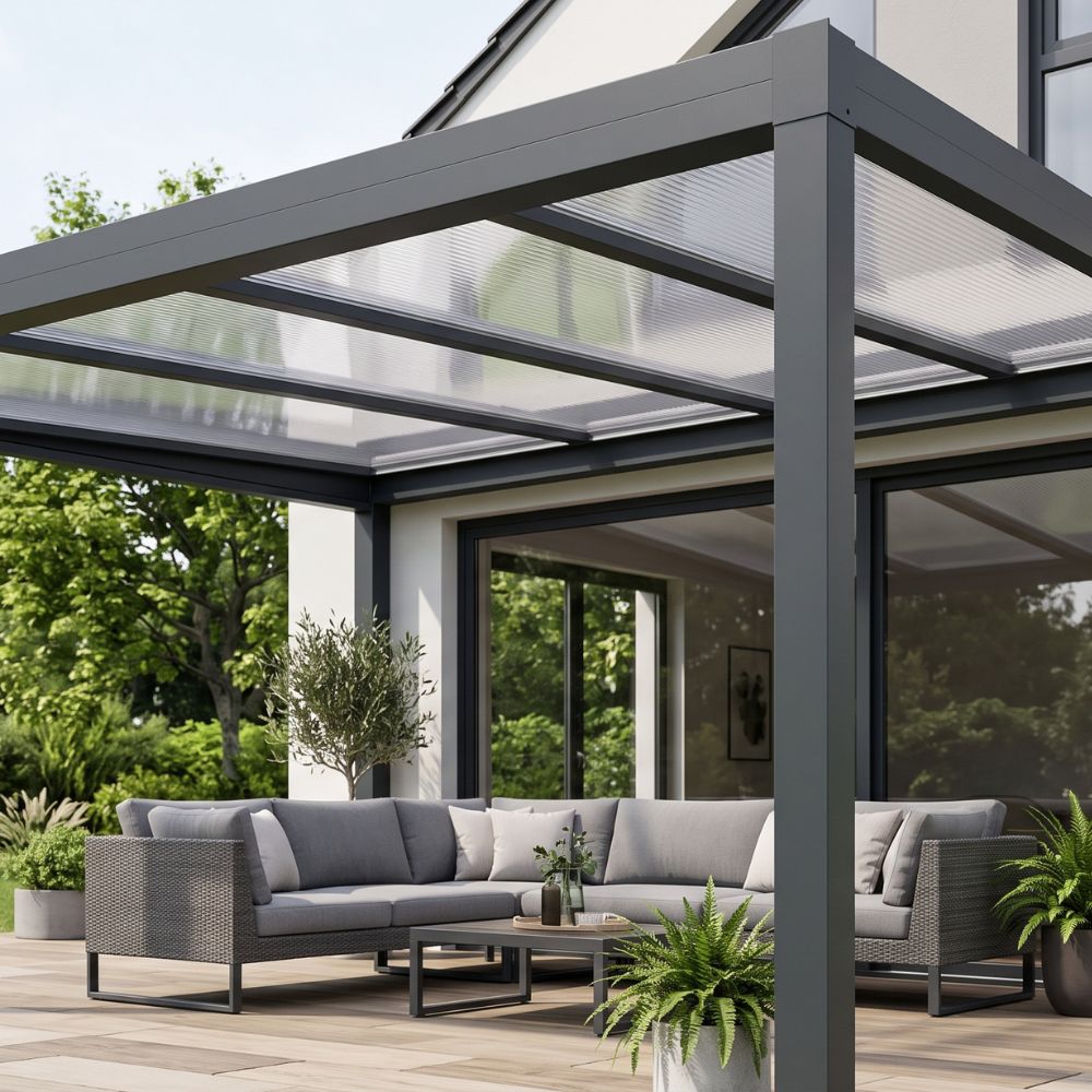 Photo d'une pergolas moderne en aluminium en polycarbonate alvéolaire 16mm d'épaisseur transparent