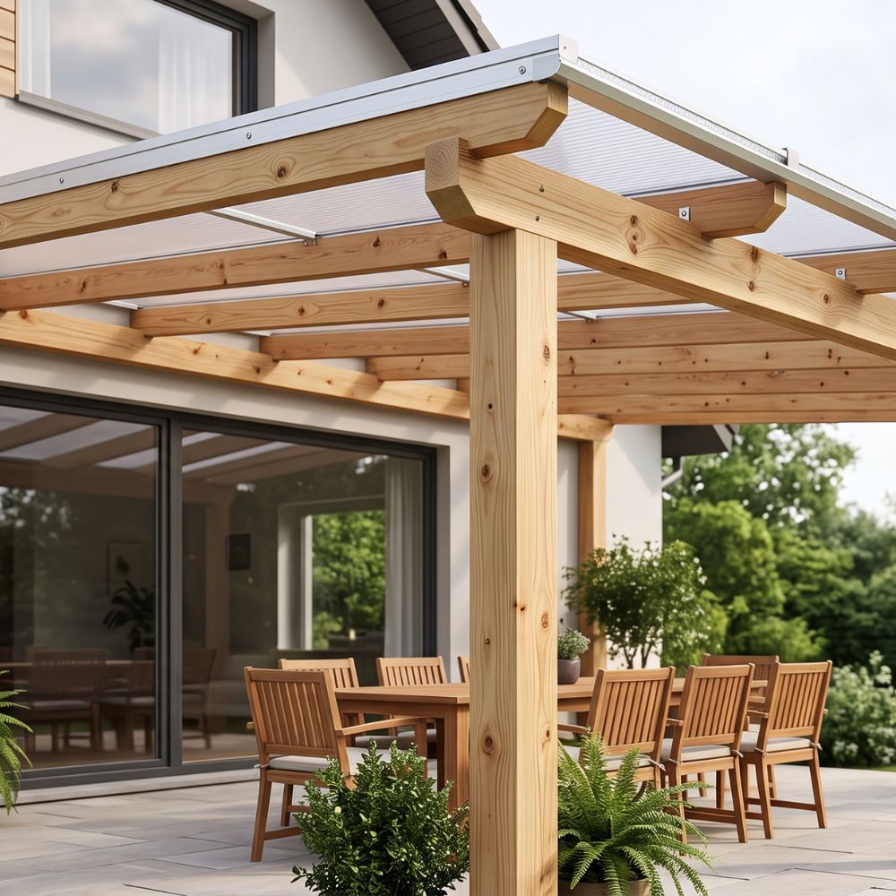 Photo d'une pergola en bois avec des plaques de polycarbonate alvéolaire 16mm d'épaisseur transparent