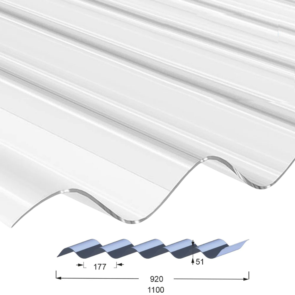 Panneau en Polycarbonate ondulé  avec ondulation de 51mm de hauteur et 177mm d'espacement entre 2 ondulations