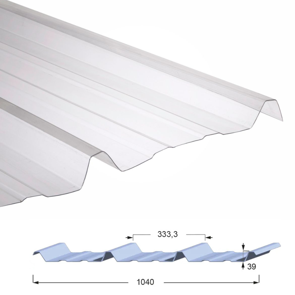 Panneau en Polycarbonate ondulé nervuré  avec ondulation de 39mm de hauteur et 333mm d'espacement entre 2 ondulations