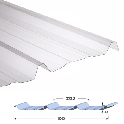 Panneau en Polycarbonate ondulé nervuré  avec ondulation de 39mm de hauteur et 333mm d'espacement entre 2 ondulations