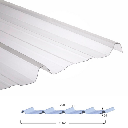 Panneau en Polycarbonate ondulé nervuré avec ondulation de 35mm de hauteur et 250mm d'espacement entre 2 ondulations