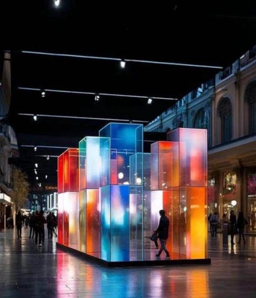 Installation design en panneaux d'acrylique colorés et translucides, illuminée dans une galerie moderne pour créer une ambiance artistique et contemporaine.