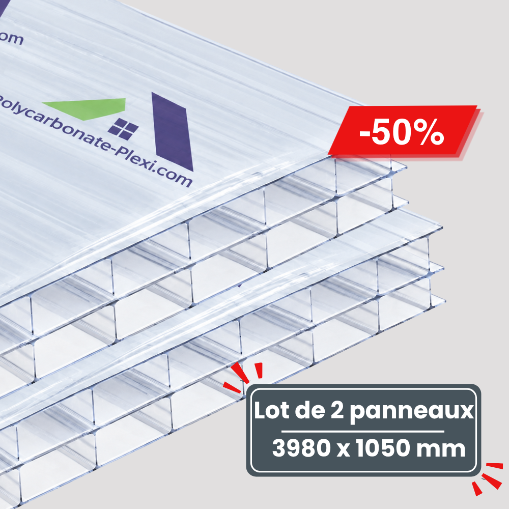 Lot de 2 Plaques de Polycarbonate Alvéolaire - Transparent - 16 mm - 3980 x 1050 mm
