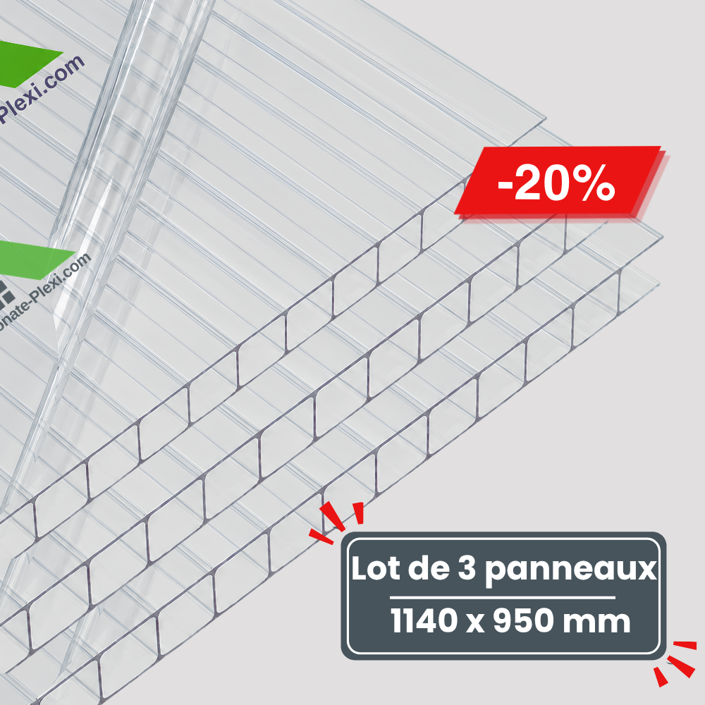 Lot de 3 Plaques de Polycarbonate Alvéolaire - Transparent - 10 mm - 1140 x 950 mm