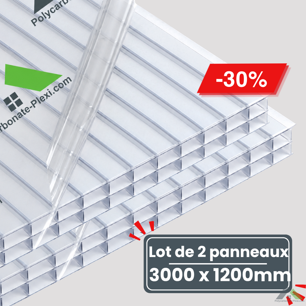 Lot de 2 Plaques de Polycarbonate Alvéolaire - Transparent - 16 mm - 3000 x 1200 mm